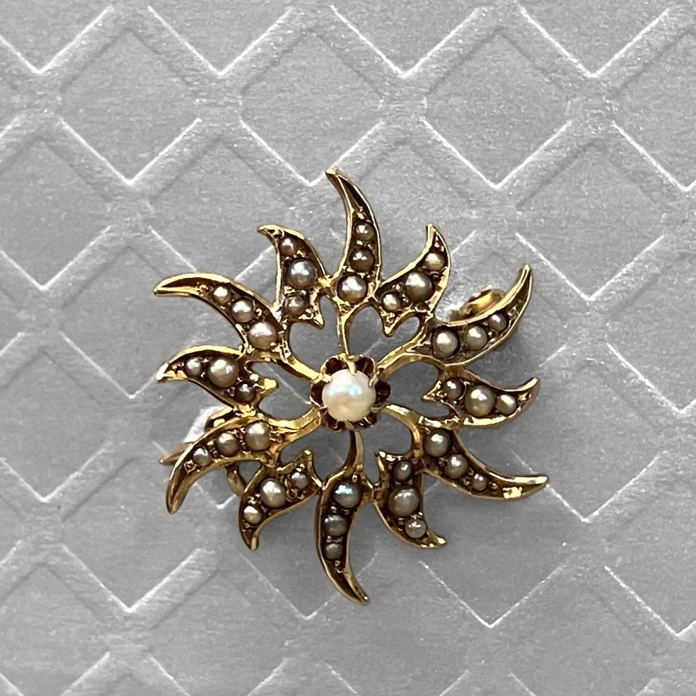 Preowned Yellow Gold and Seed Pearl Starburst Brooch