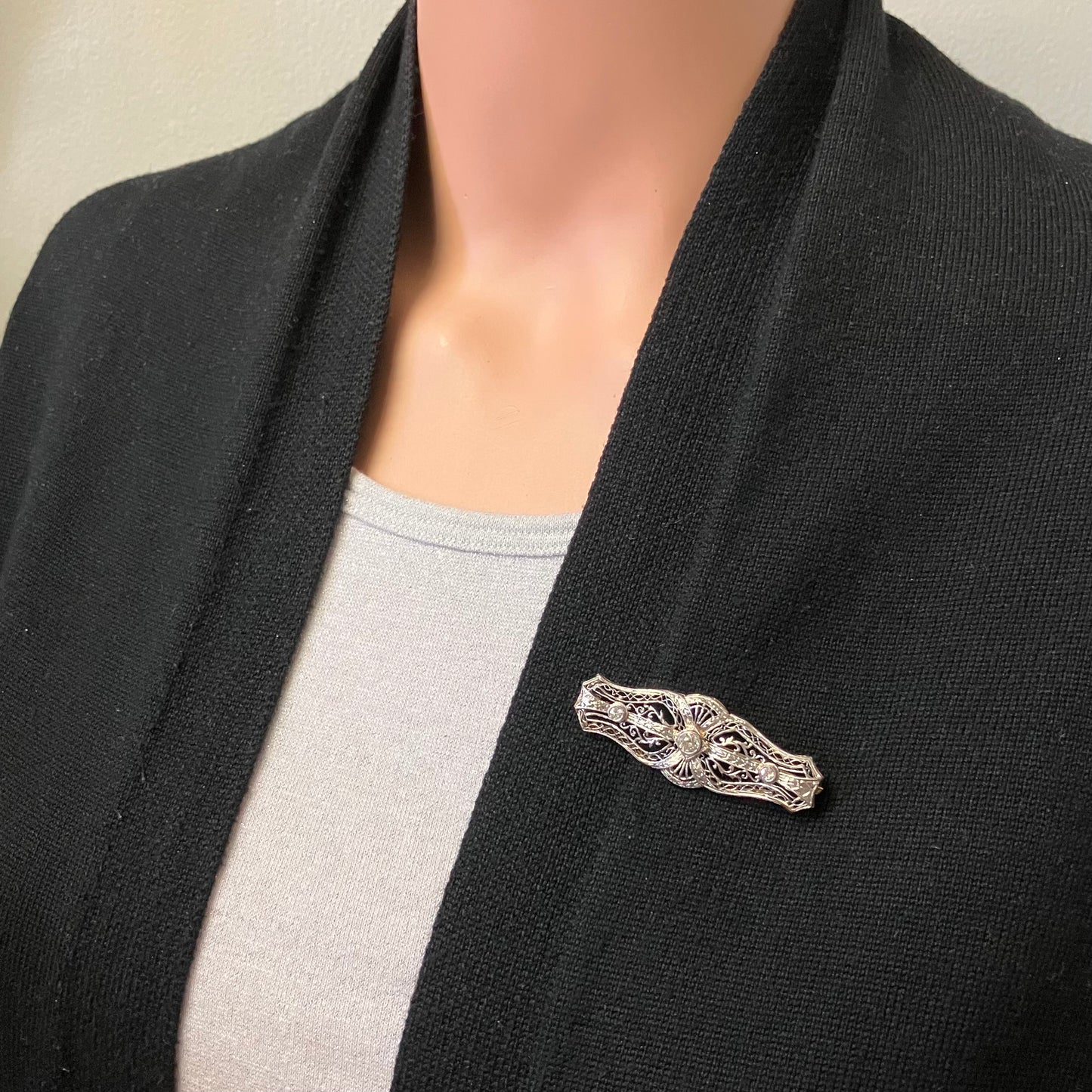 Preowned White and Yellow Gold Old European Cut Diamond Filigree Brooch