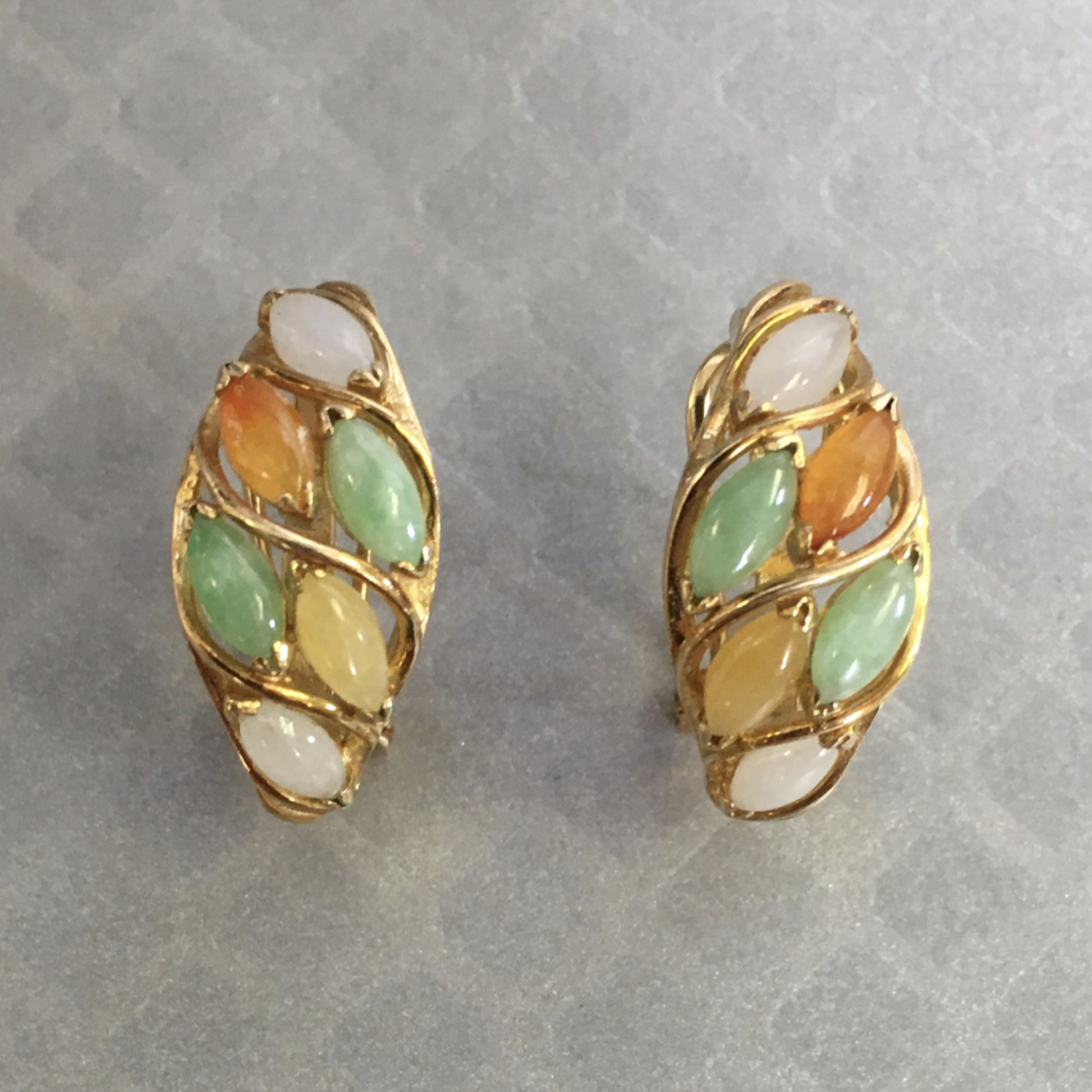Preowned Yellow Gold and Multicolor Jadeite Marquise Earrings
