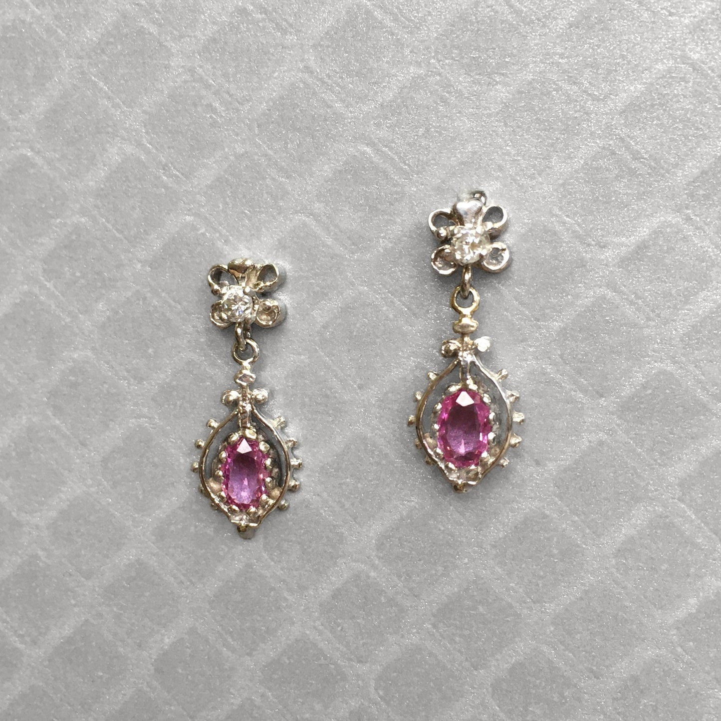 Preowned White Gold Pink Sapphire and Diamond Dangle Earrings