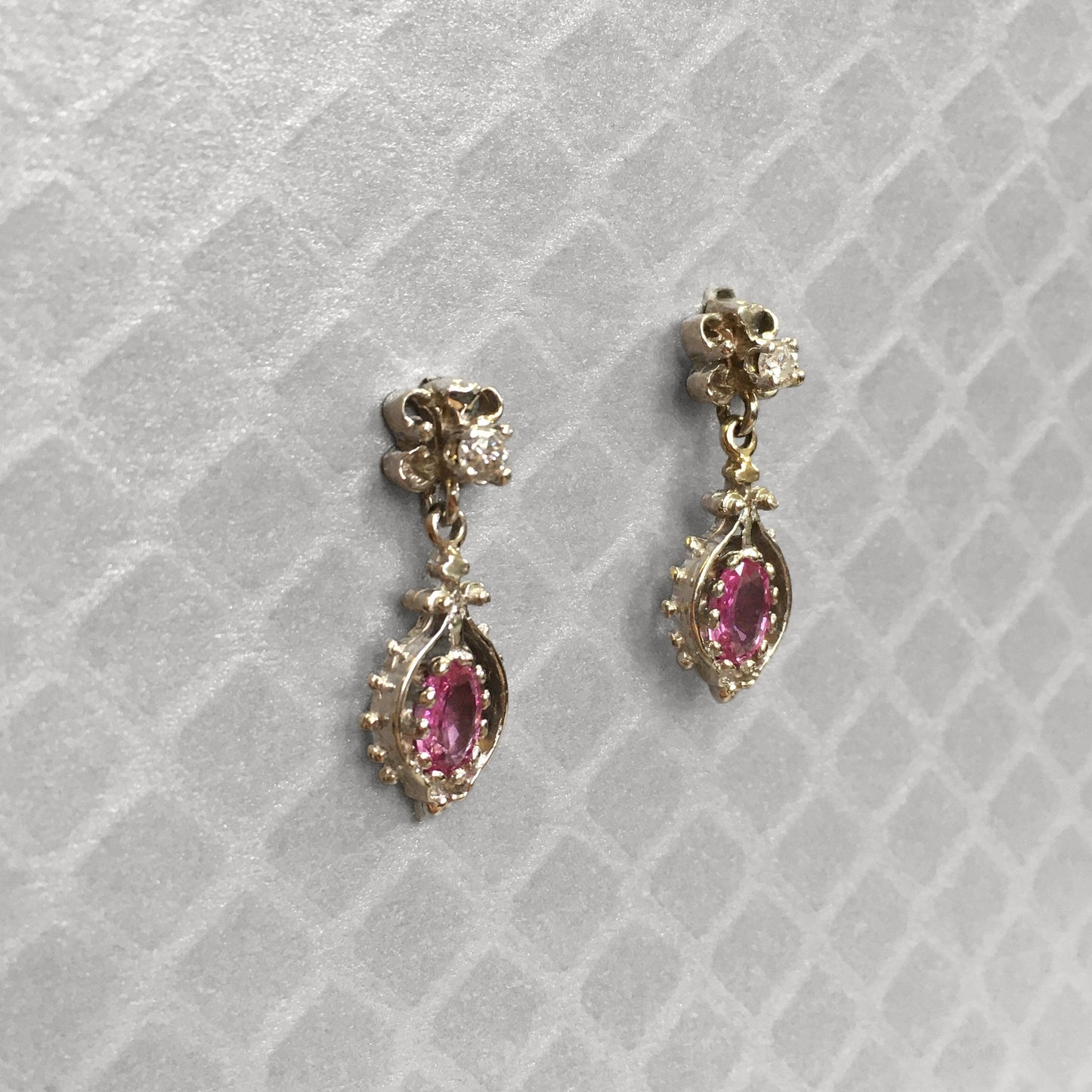Preowned White Gold Pink Sapphire and Diamond Dangle Earrings