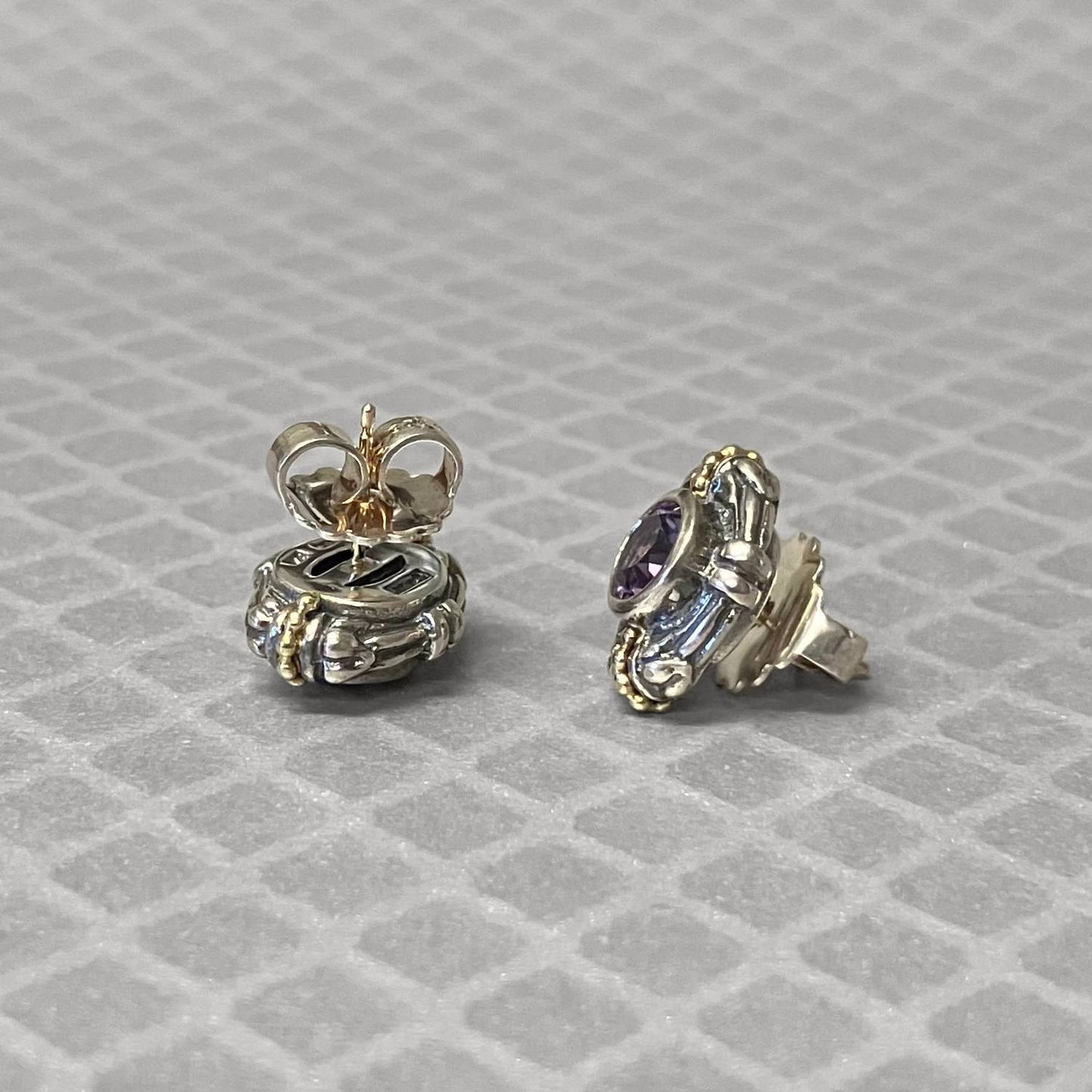 Preowned Yellow Gold and Sterling Silver Amethyst Lagos Caviar Stud Earrings