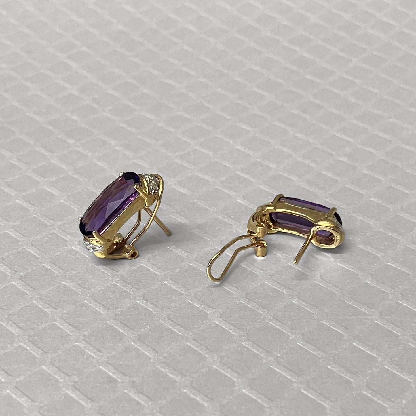 Preowned Yellow Gold Checkerboard Amethyst and Diamond Earrings