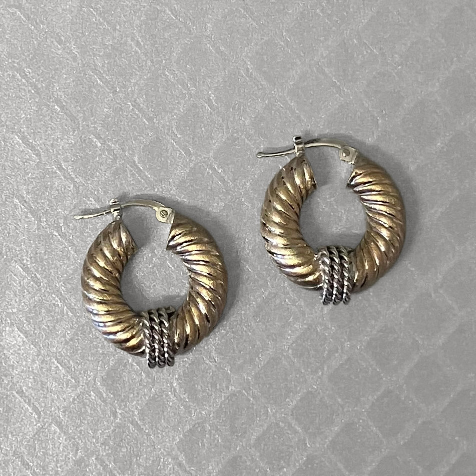 Preowned Yellow and White Gold Ribbed Hoop Earrings