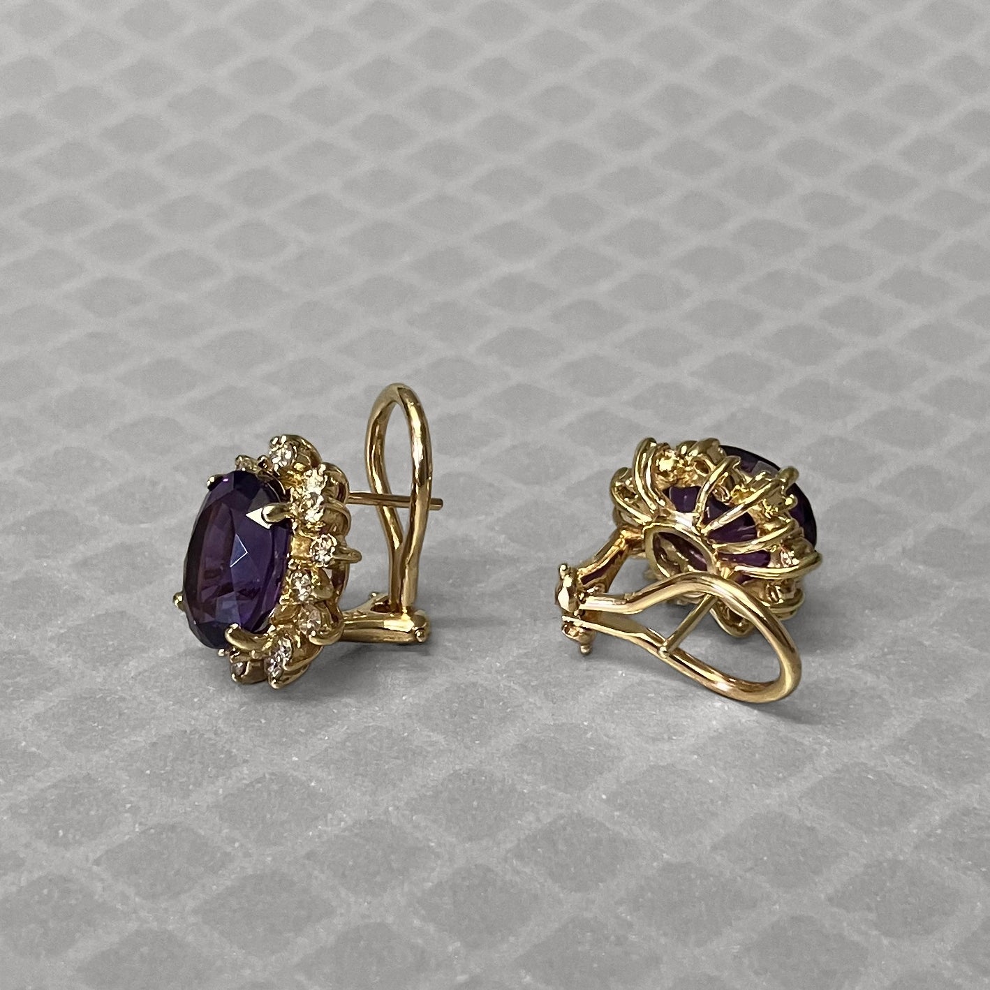 Preowned Yellow Gold Amethyst and Diamond Omega Earrings