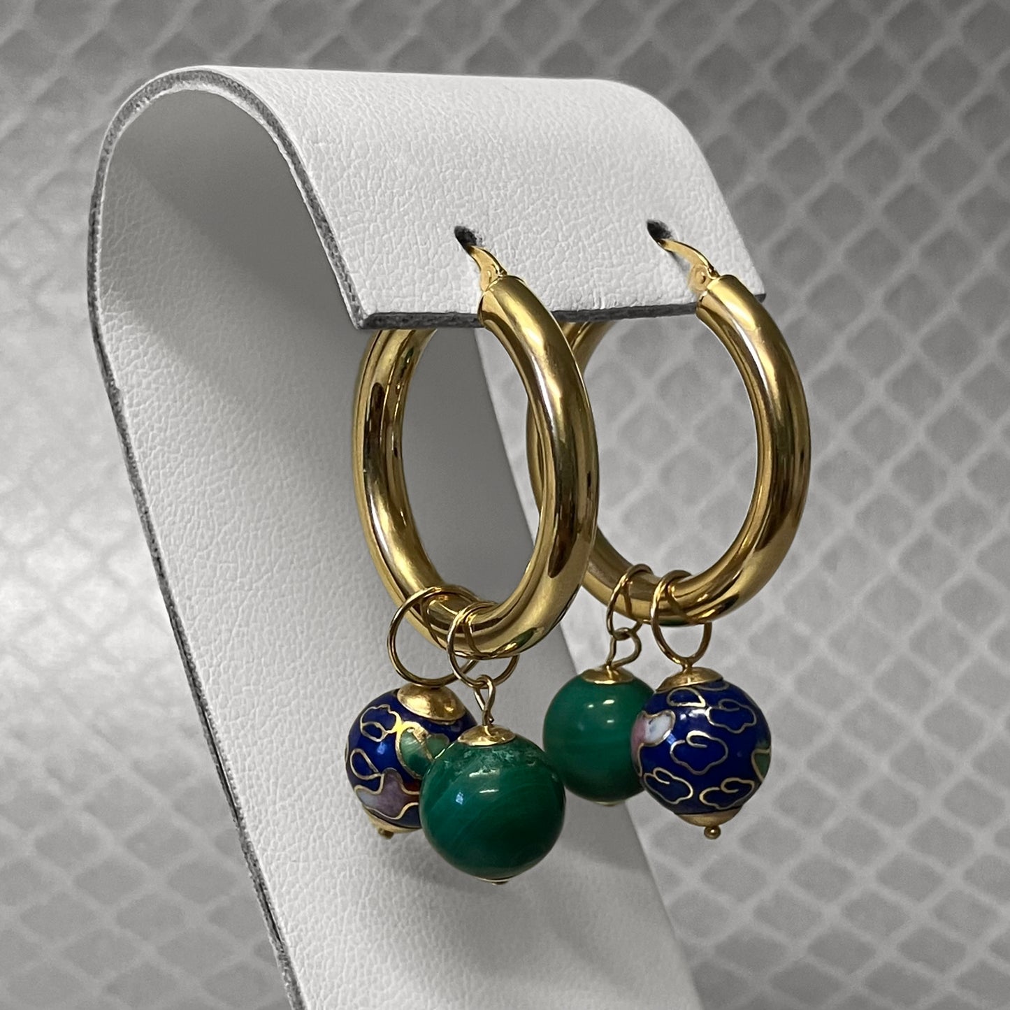 Preowned Yellow Gold Cloisonne and Malachite Interchangeable Bead Hoop Earrings