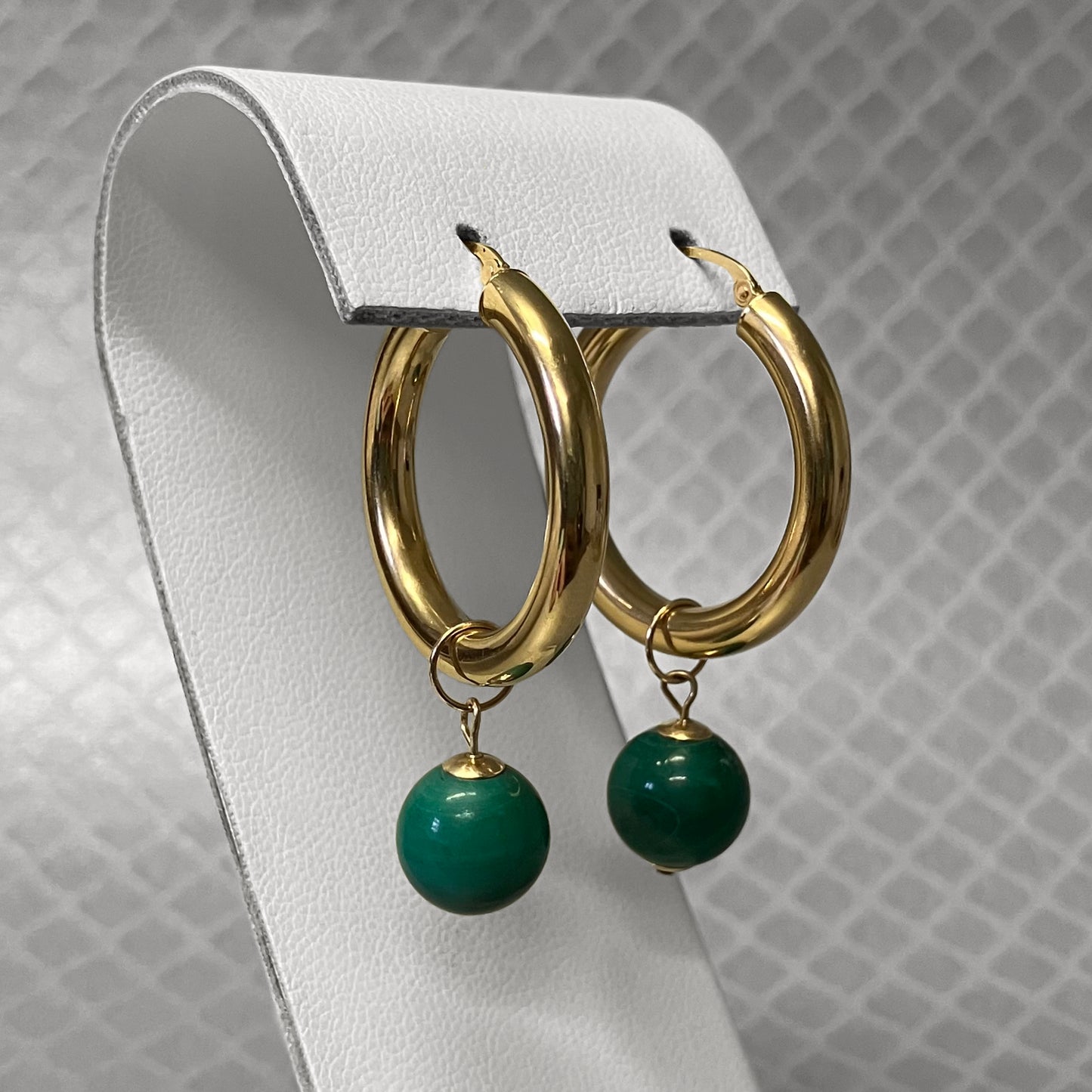 Preowned Yellow Gold Cloisonne and Malachite Interchangeable Bead Hoop Earrings