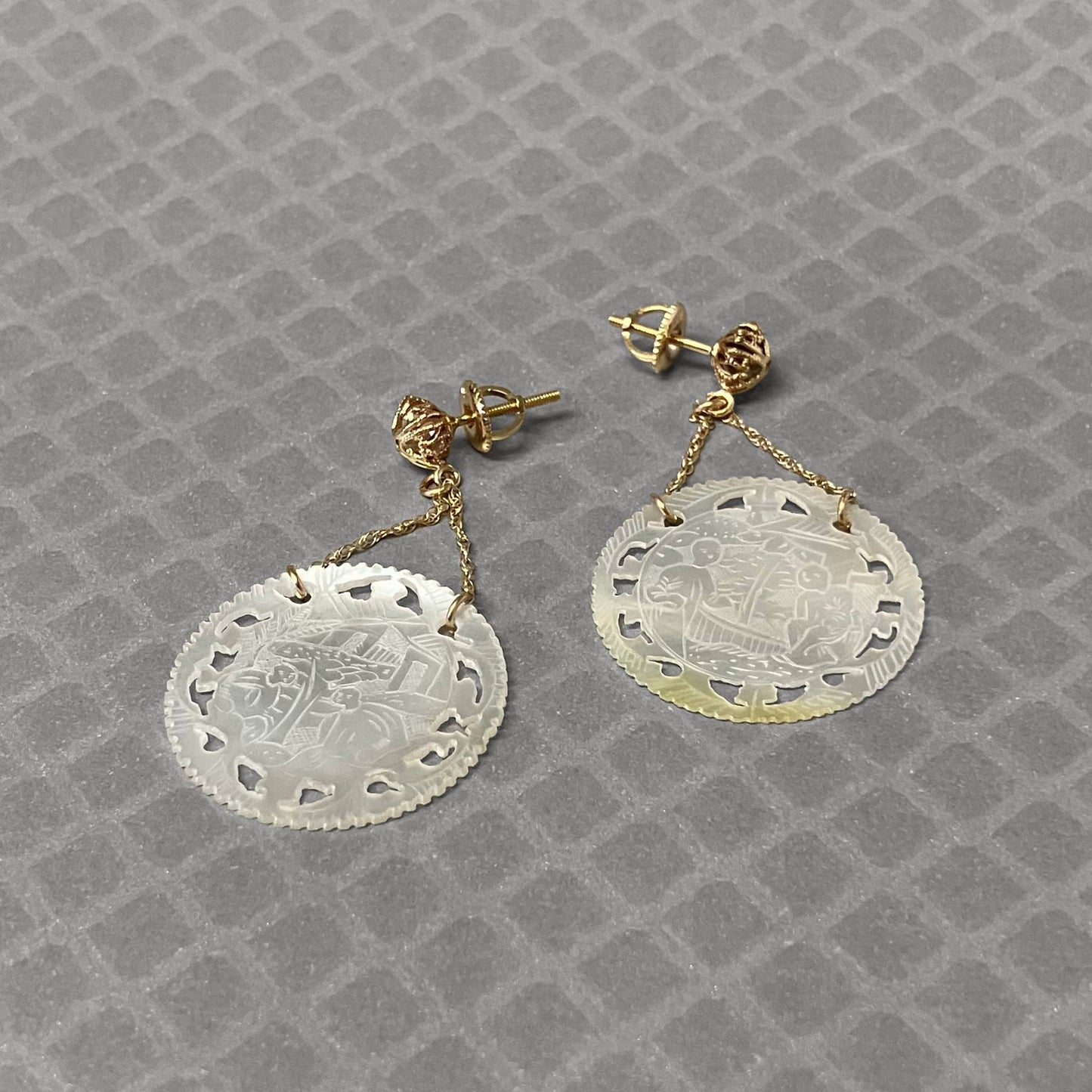 Preowned Yellow Gold and Mother of Pearl Carved Disc Dangle Earrings