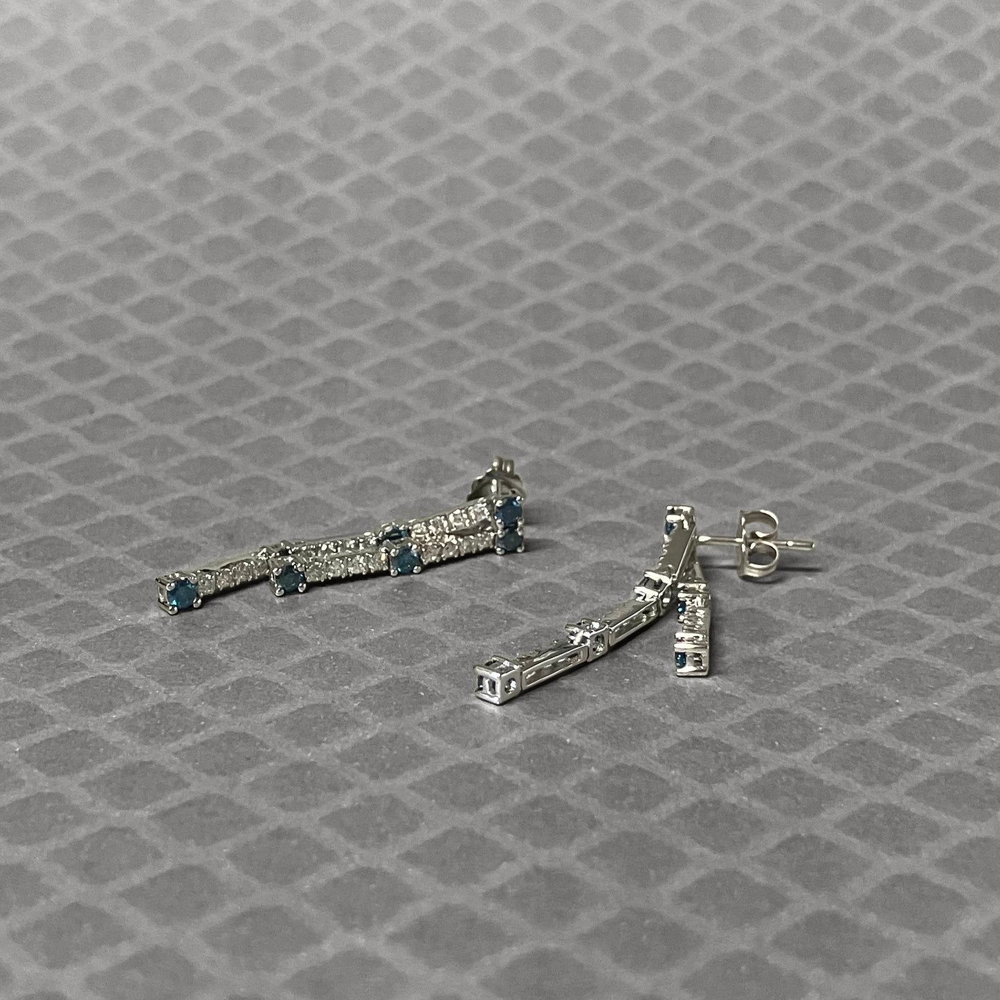 Preowned White Gold White and Irradiated Blue Diamond Dangle Earrings