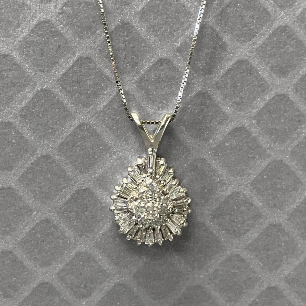 Preowned White Gold Round and Baguette Diamond Cluster Pendant
