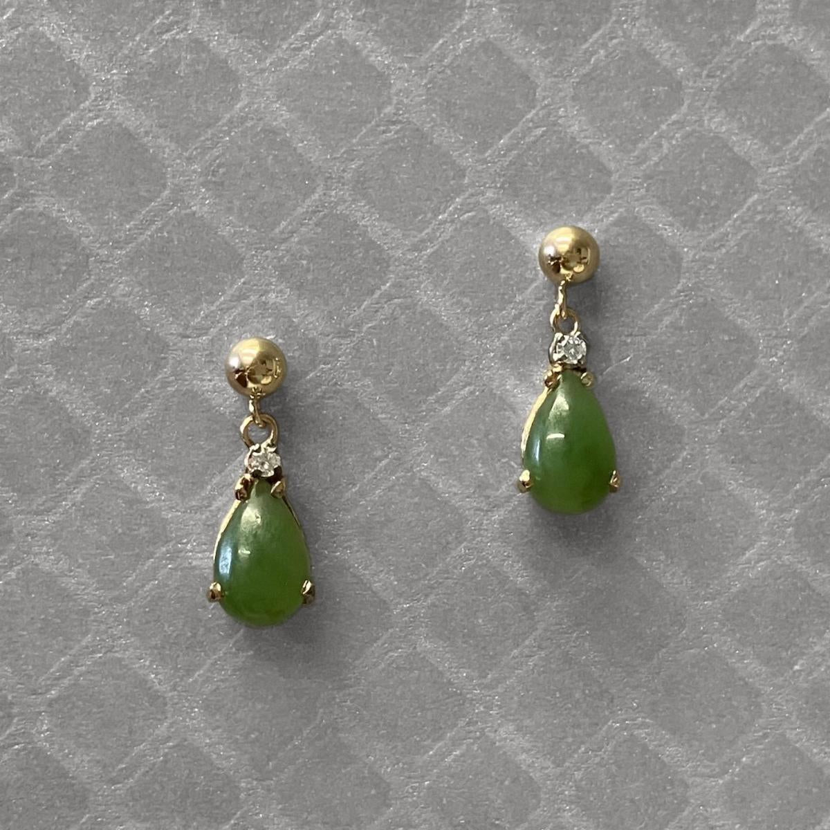 Preowned Yellow Gold Nephrite Jade and Diamond Dangle Earrings