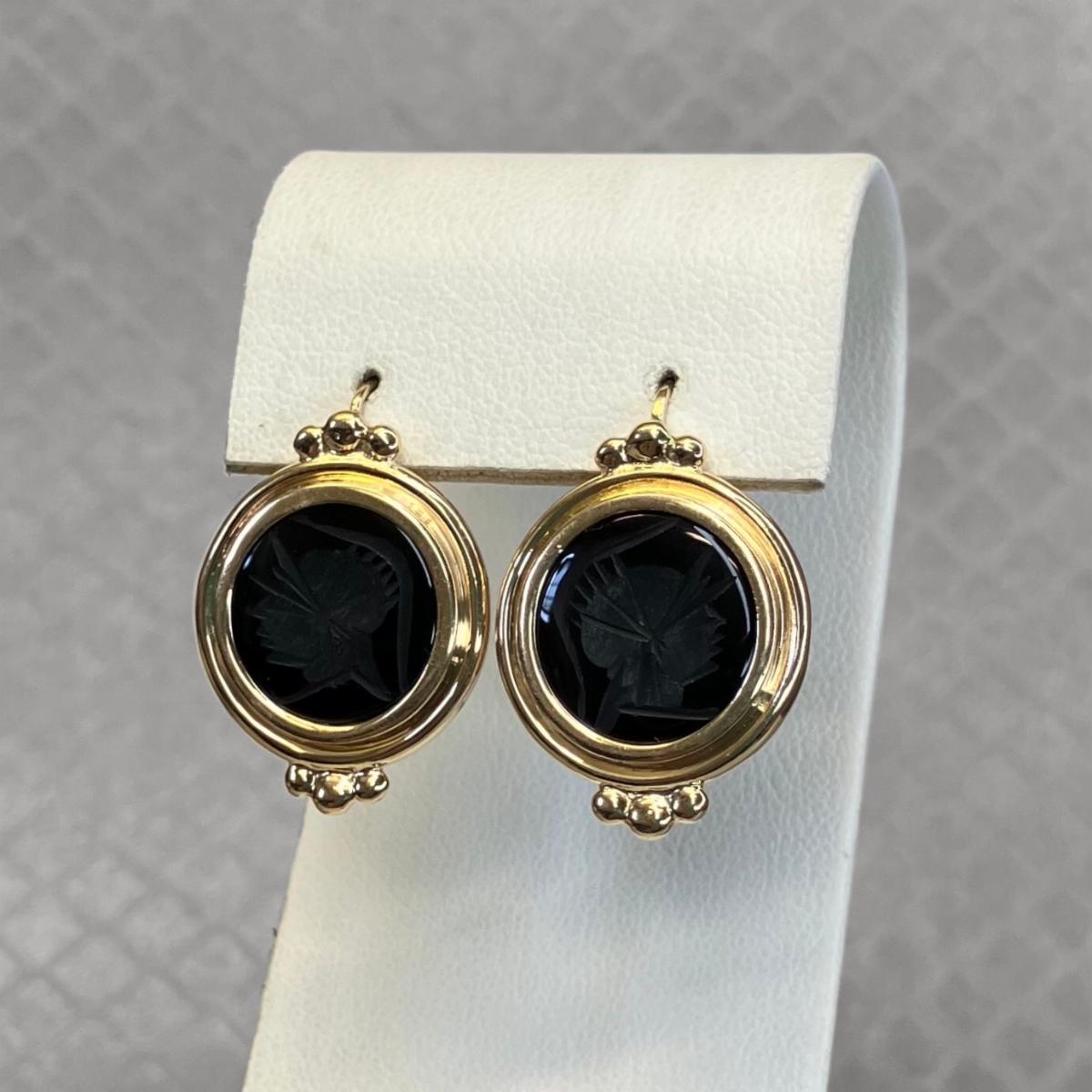Preowned Yellow Gold and Onyx Intaglio Leverback Earrings