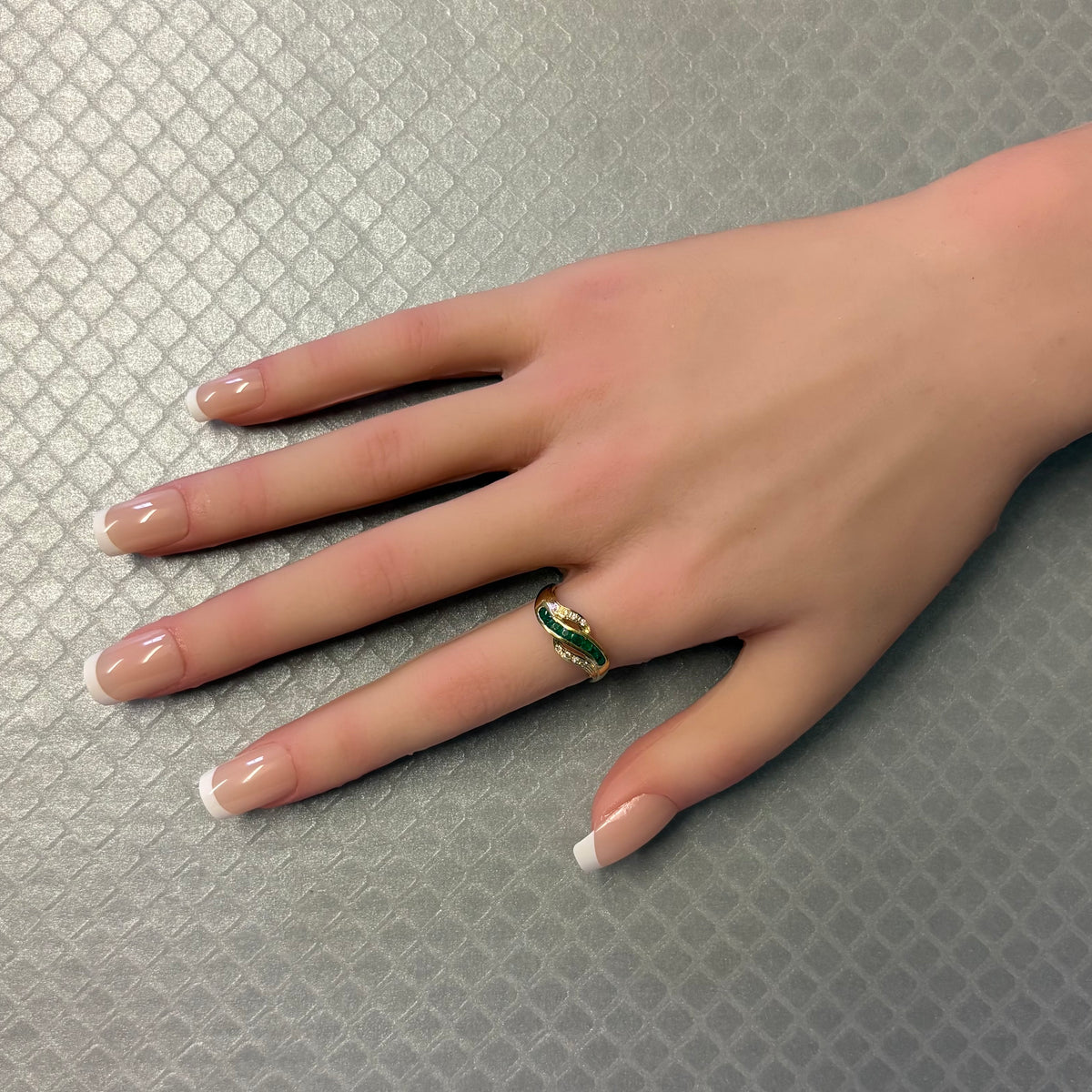 Preowned Yellow Gold Emerald and Diamond Offset Design Ring