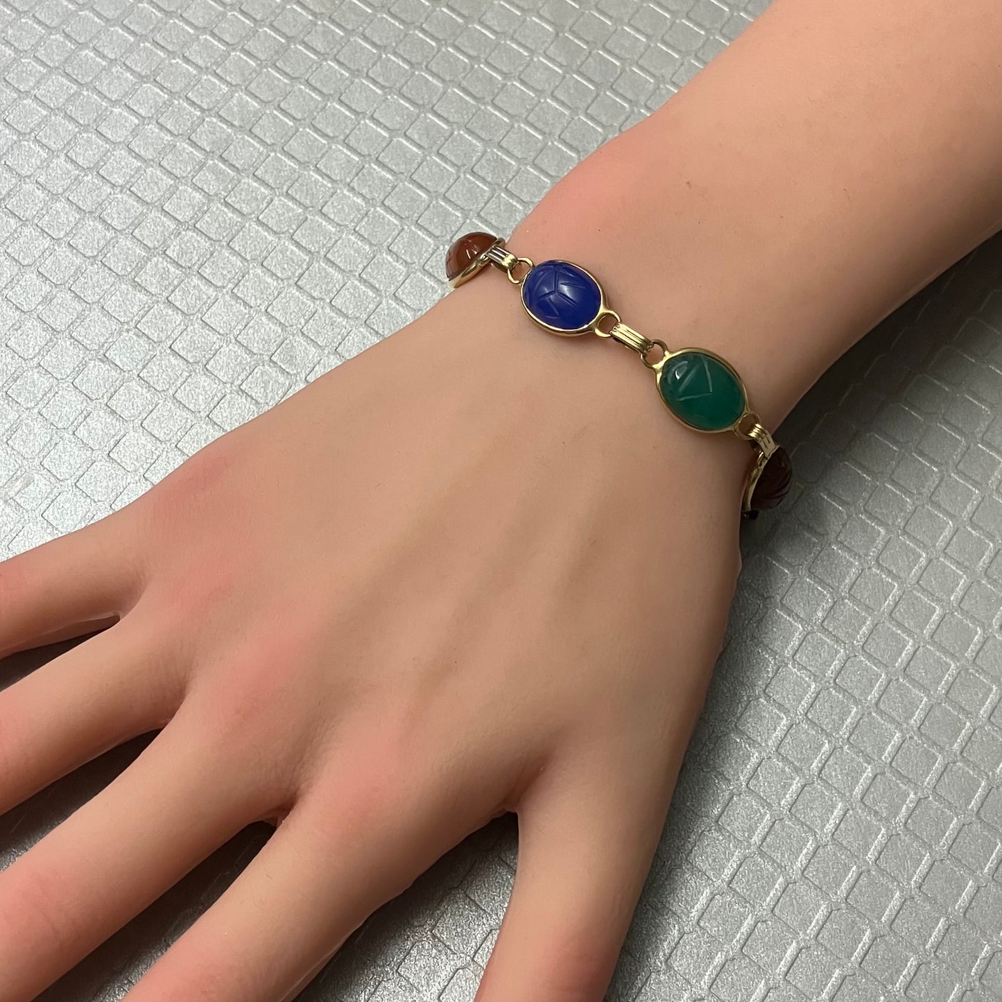 Preowned Yellow Gold and Carved Gemstone Scarab Beetle Bracelet