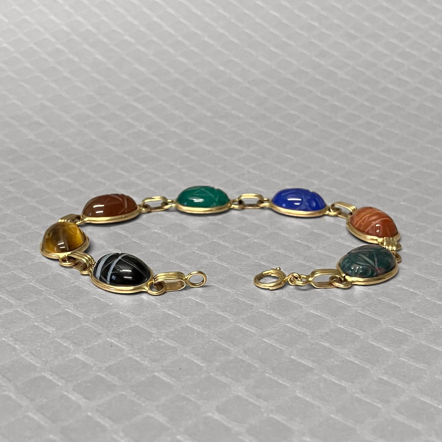 Preowned Yellow Gold and Carved Gemstone Scarab Beetle Bracelet