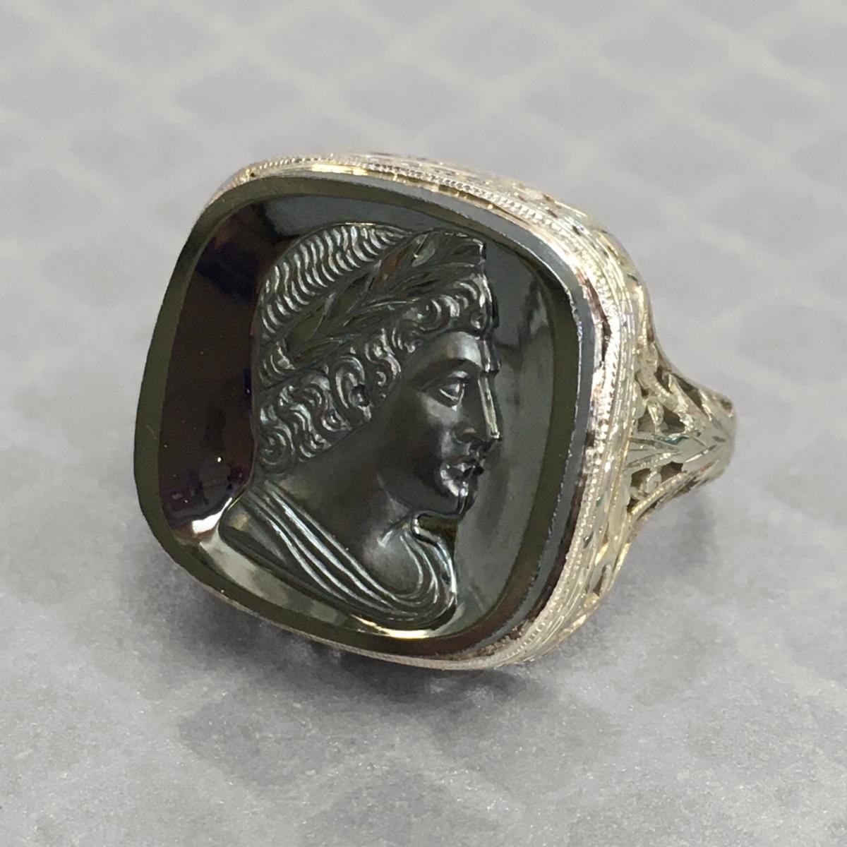 Preowned White Gold and Hematite Roman Ring