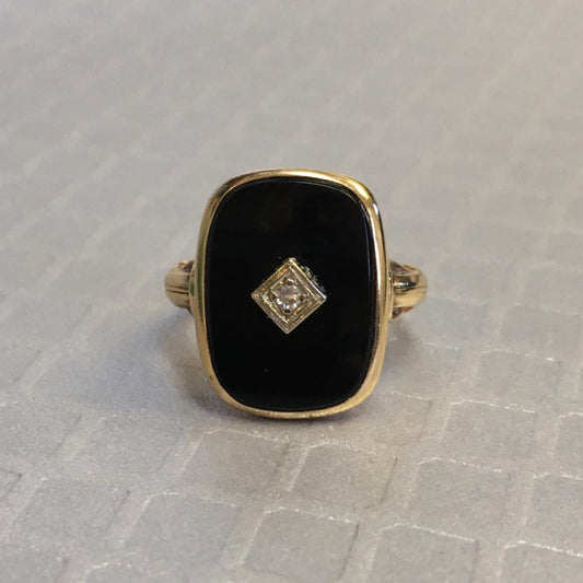 Preowned Yellow and White Gold Onyx and Diamond Ring