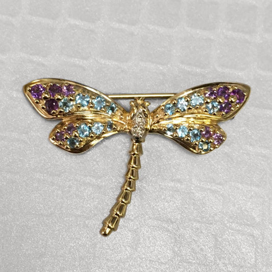 Preowned Yellow Gold Blue Topaz, Amethyst and Diamond Dragonfly Brooch
