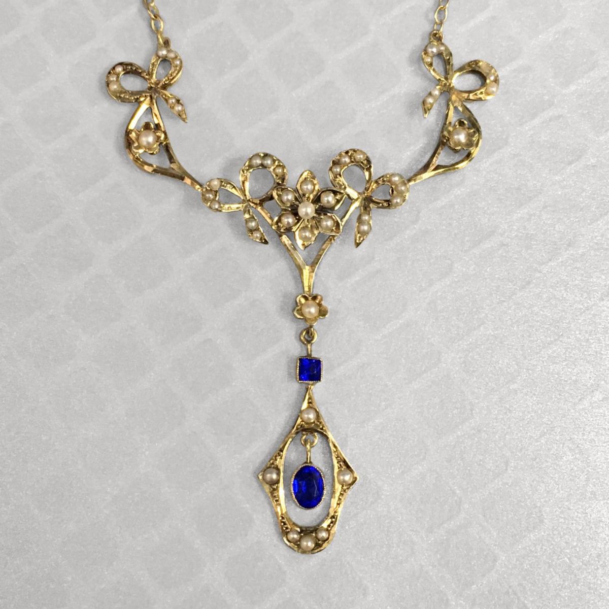 Preowned Yellow Gold Seed Pearl and Blue Glass Edwardian Necklace