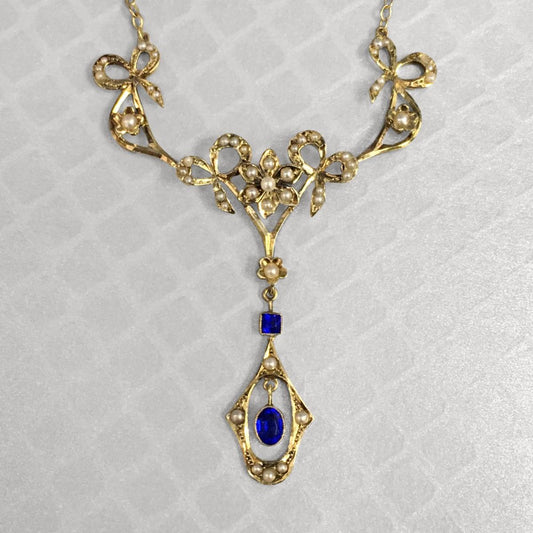 Preowned Yellow Gold Seed Pearl and Blue Glass Edwardian Necklace