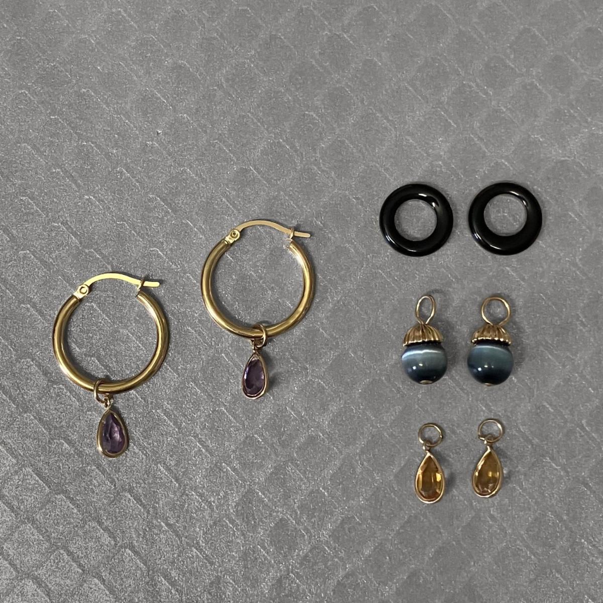 Preowned Yellow Gold Onyx, Tigers Eye, Citrine and Amethyst Interchangeable Hoop Earrings
