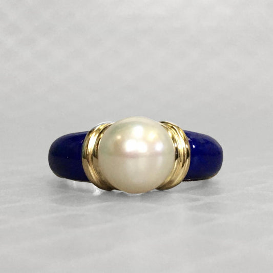 Preowned Yellow Gold Pearl and Lapis Ring