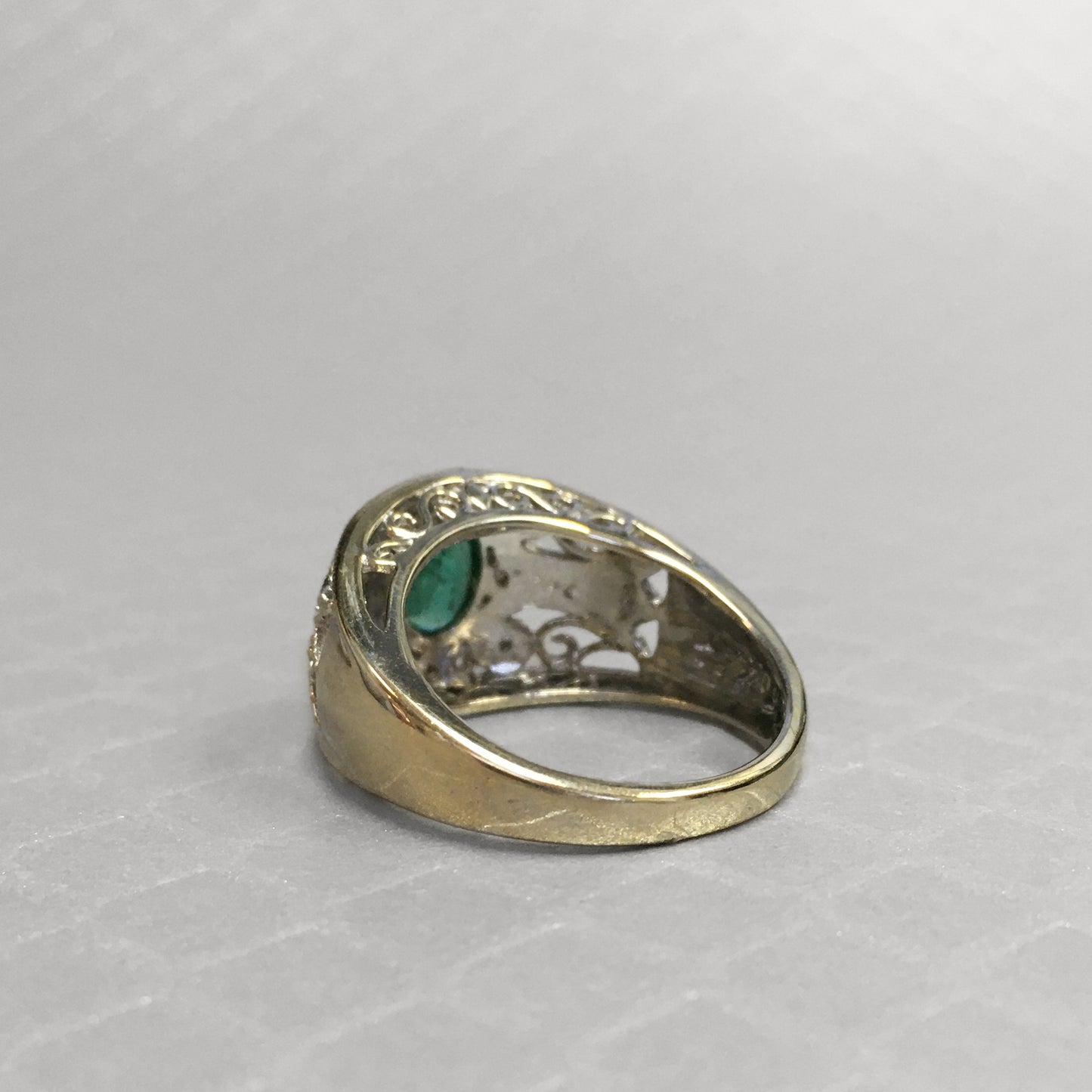 Preowned White Gold Oval Emerald and Diamond Filigree Ring