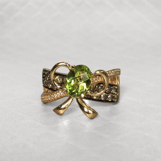 Preowned Yellow Gold Peridot, White and Chocolate Diamond Le Vian Bow Ring