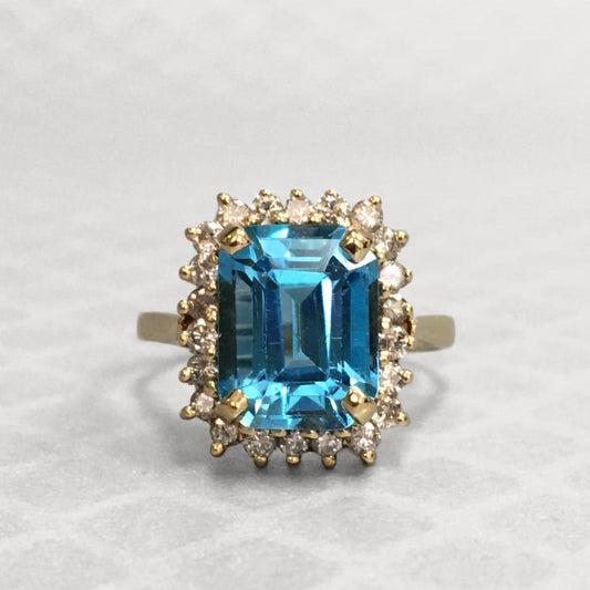 Preowned Yellow Gold Emerald Cut Blue Topaz and Diamond Ring