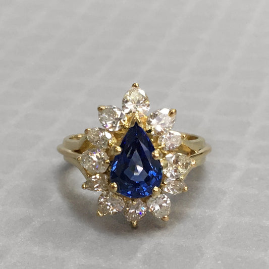 Preowned Yellow Gold Pear Shape Blue Sapphire and Diamond Ring