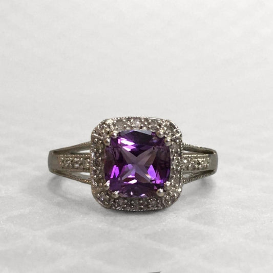 Preowned White Gold Amethyst and Diamond Ring