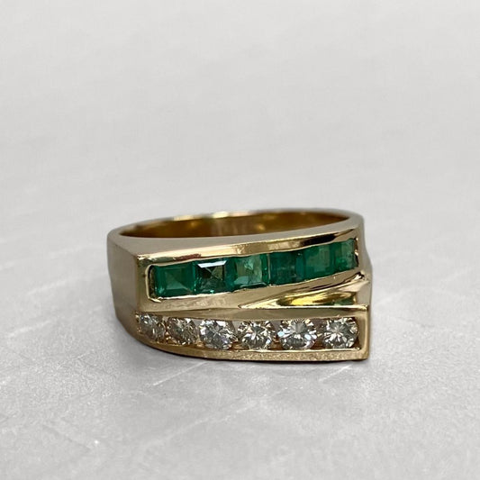Preowned Yellow Gold Emerald and Diamond Offset Ring