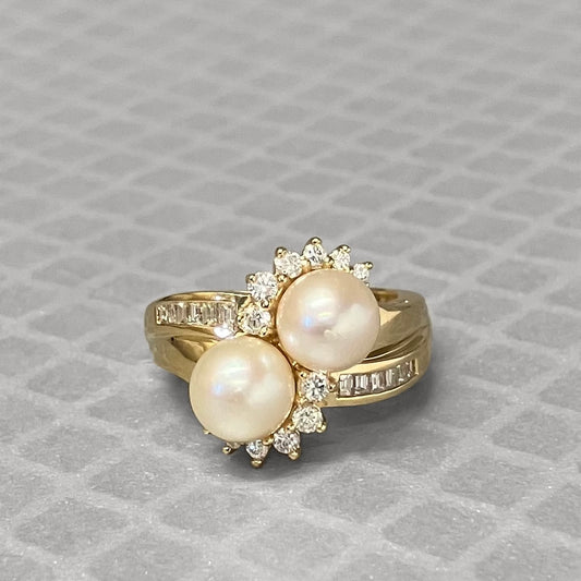 Preowned Yellow Gold Cultured Pearl and Diamond Bypass Ring