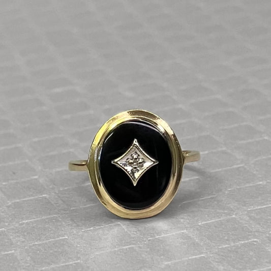 Preowned Yellow and White Gold Oval Onyx and Diamond Ring