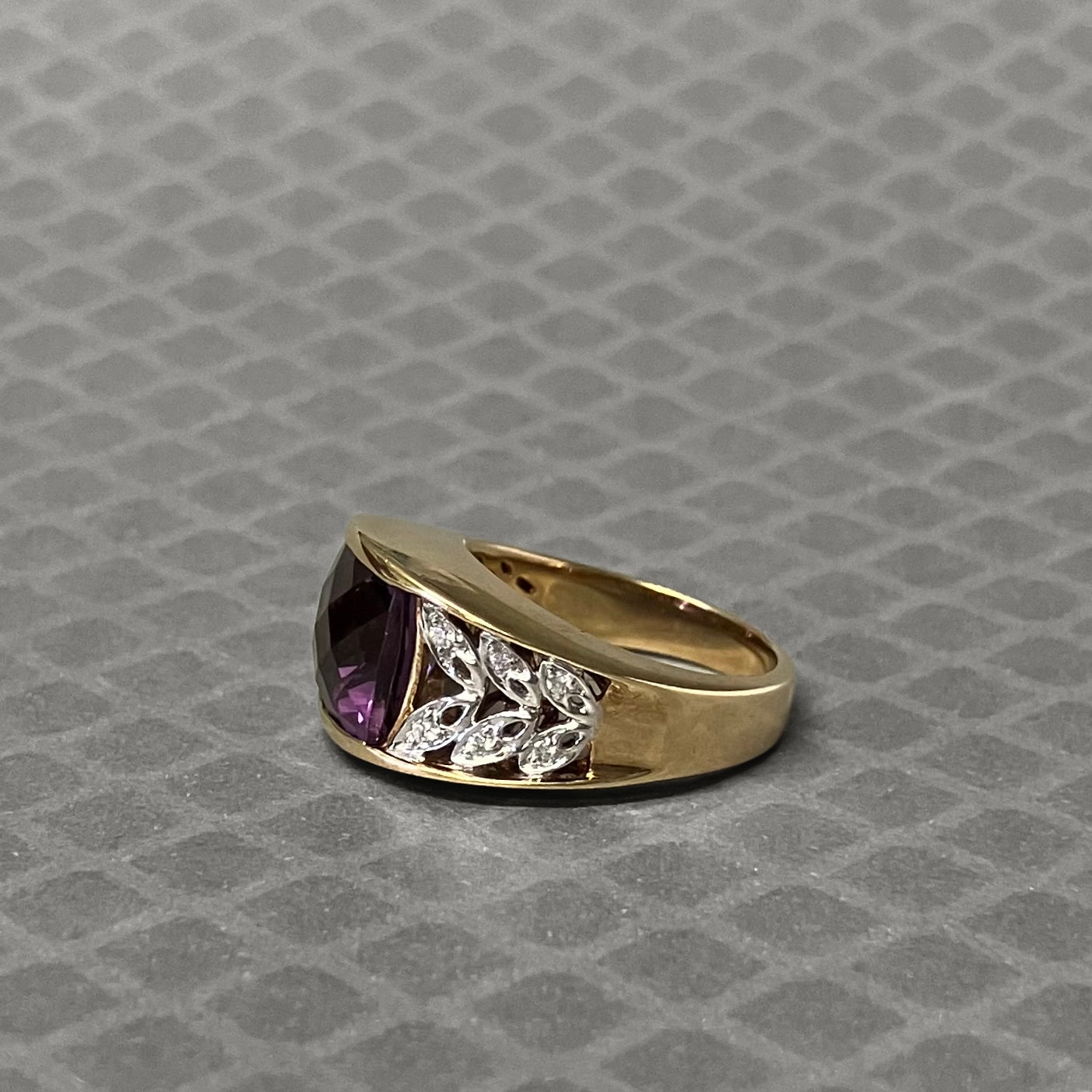 Preowned Yellow Gold Checkerboard Purple Garnet and Diamond Ring