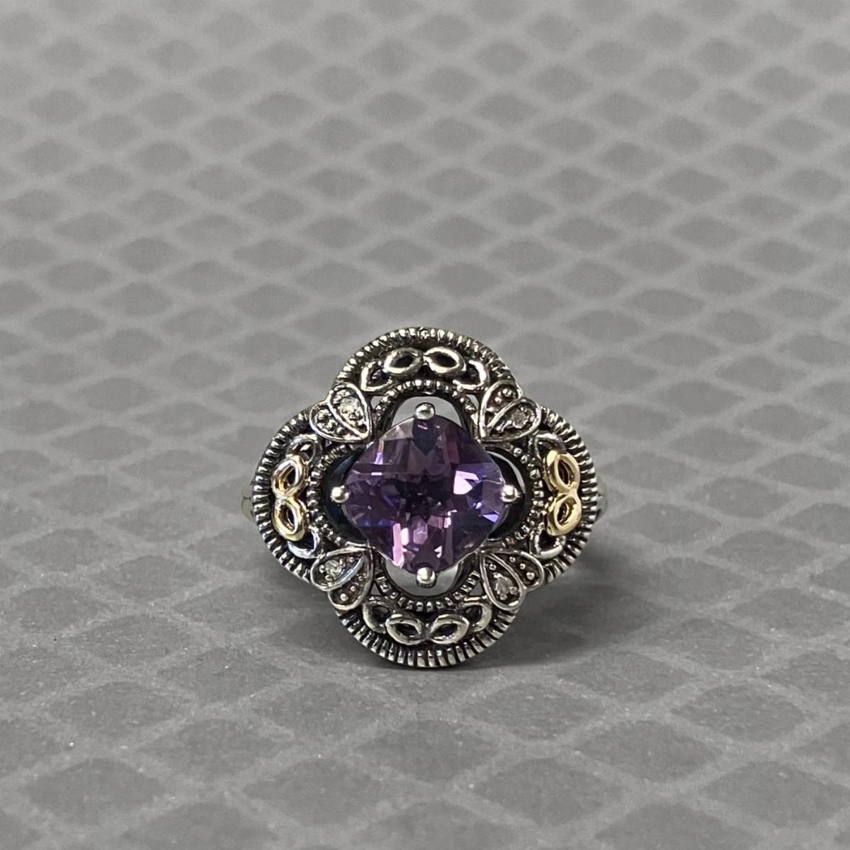 Preowned Sterling Silver and Yellow Gold Checkerboard Amethyst and Diamond Ring