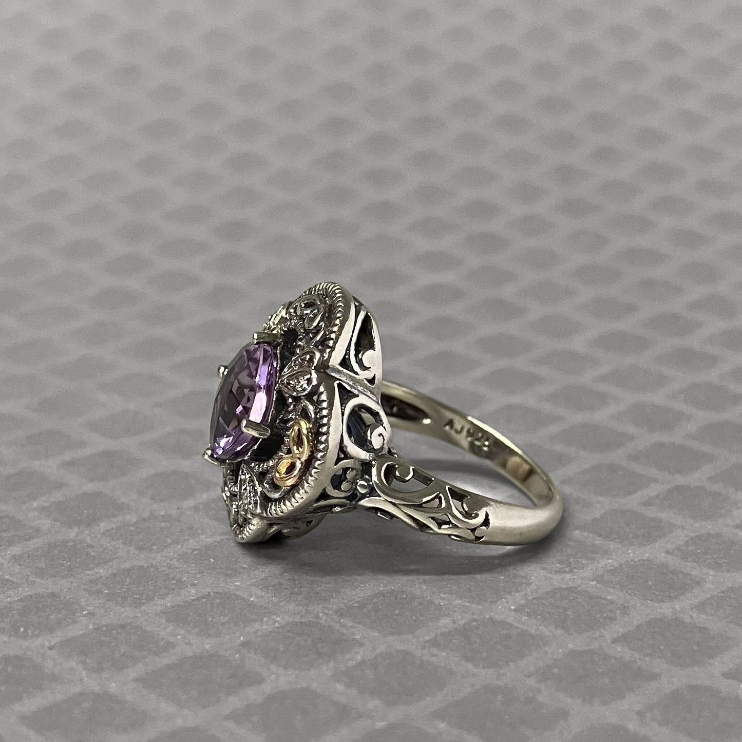 Preowned Sterling Silver and Yellow Gold Checkerboard Amethyst and Diamond Ring