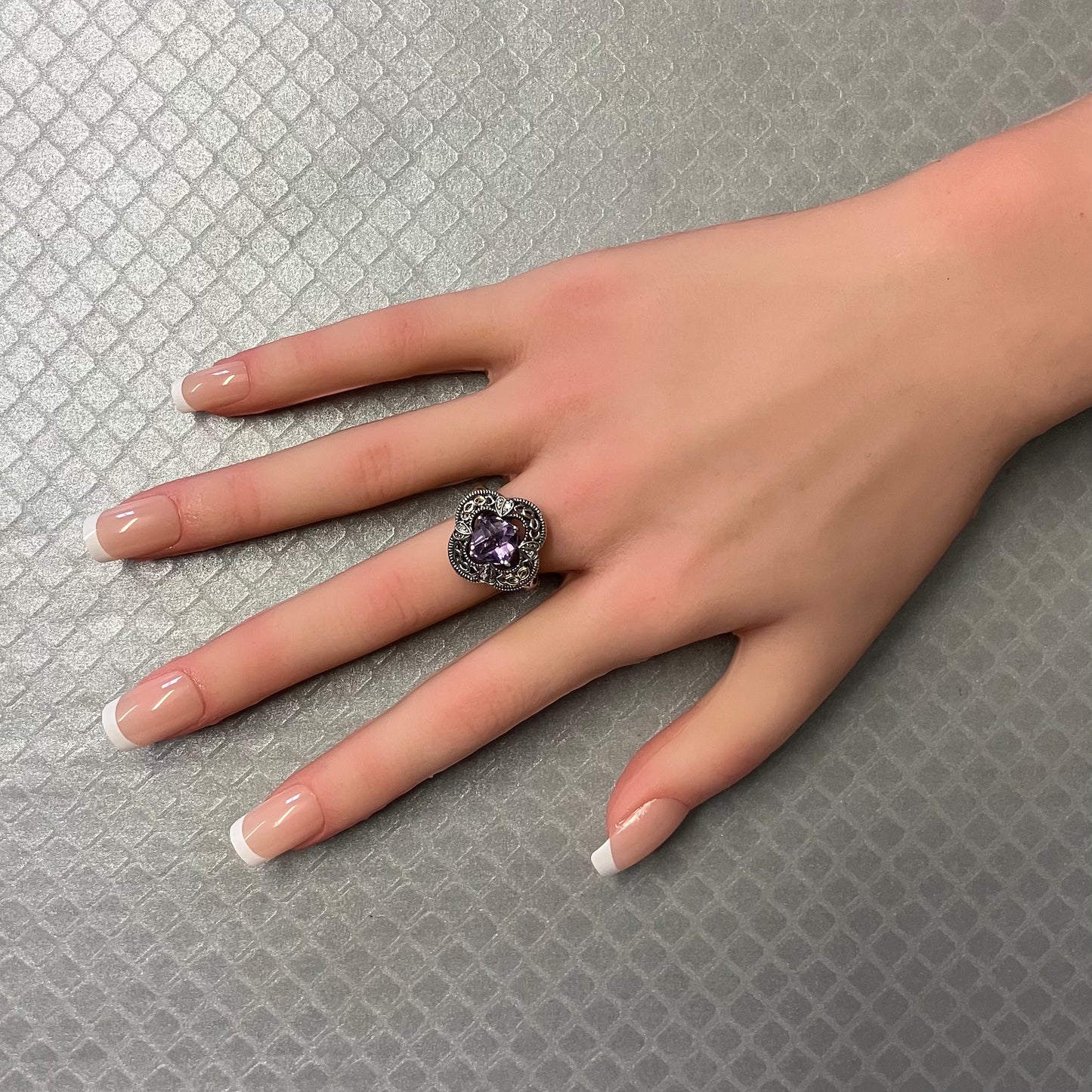 Preowned Sterling Silver and Yellow Gold Checkerboard Amethyst and Diamond Ring