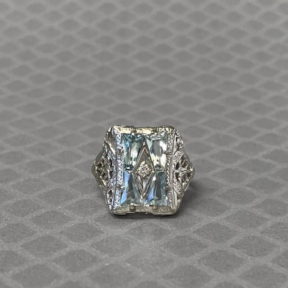 Preowned White Gold Blue Glass and Diamond Filigree Ring