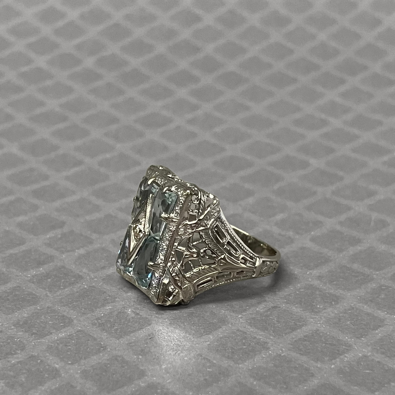 Preowned White Gold Blue Glass and Diamond Filigree Ring