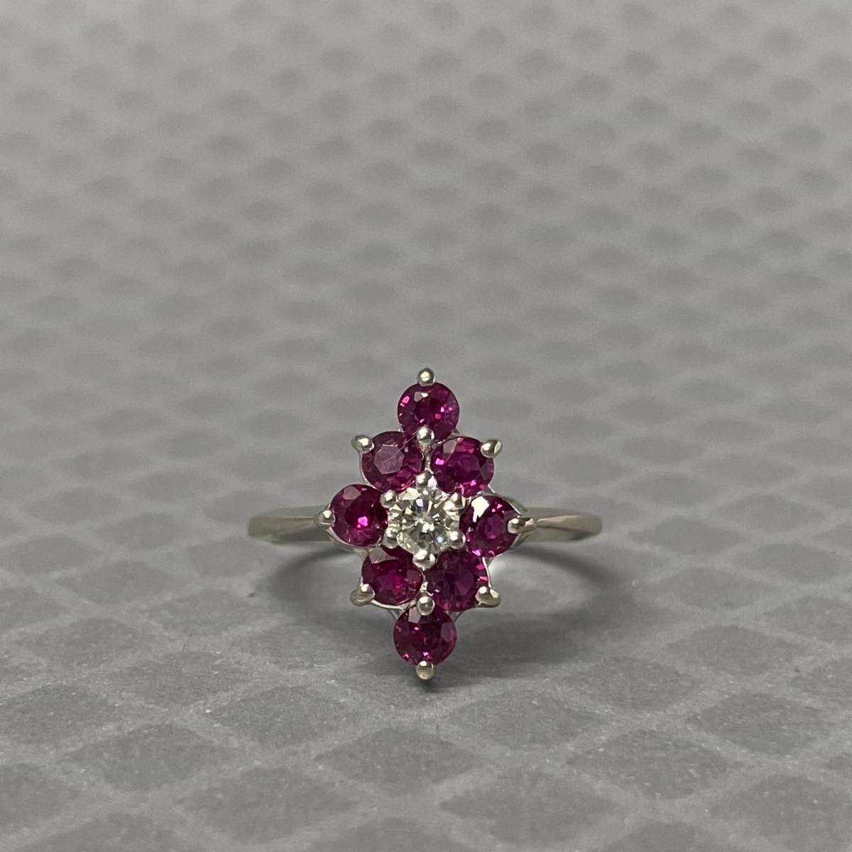 Preowned White Gold Ruby and Diamond Cluster Ring