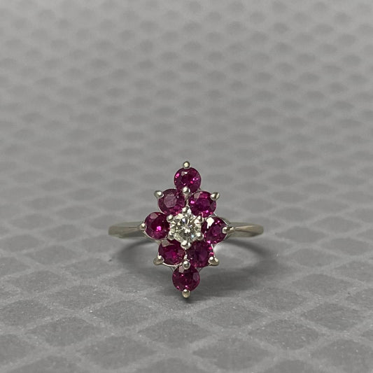 Preowned White Gold Ruby and Diamond Cluster Ring
