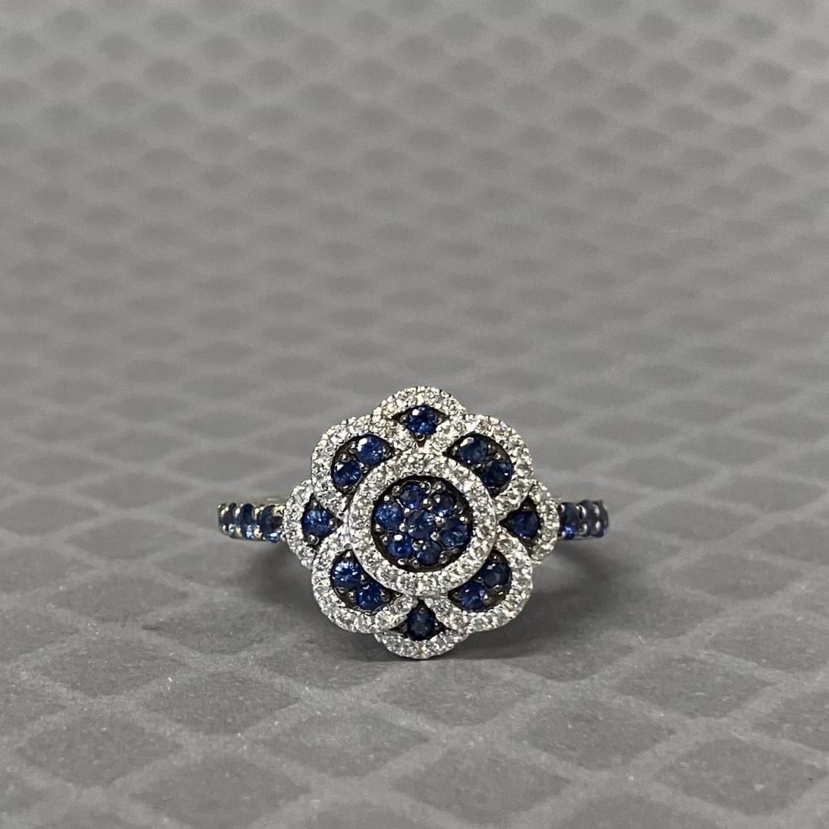 Preowned White Gold Blue Sapphire and Diamond Le Vian Cluster Ring