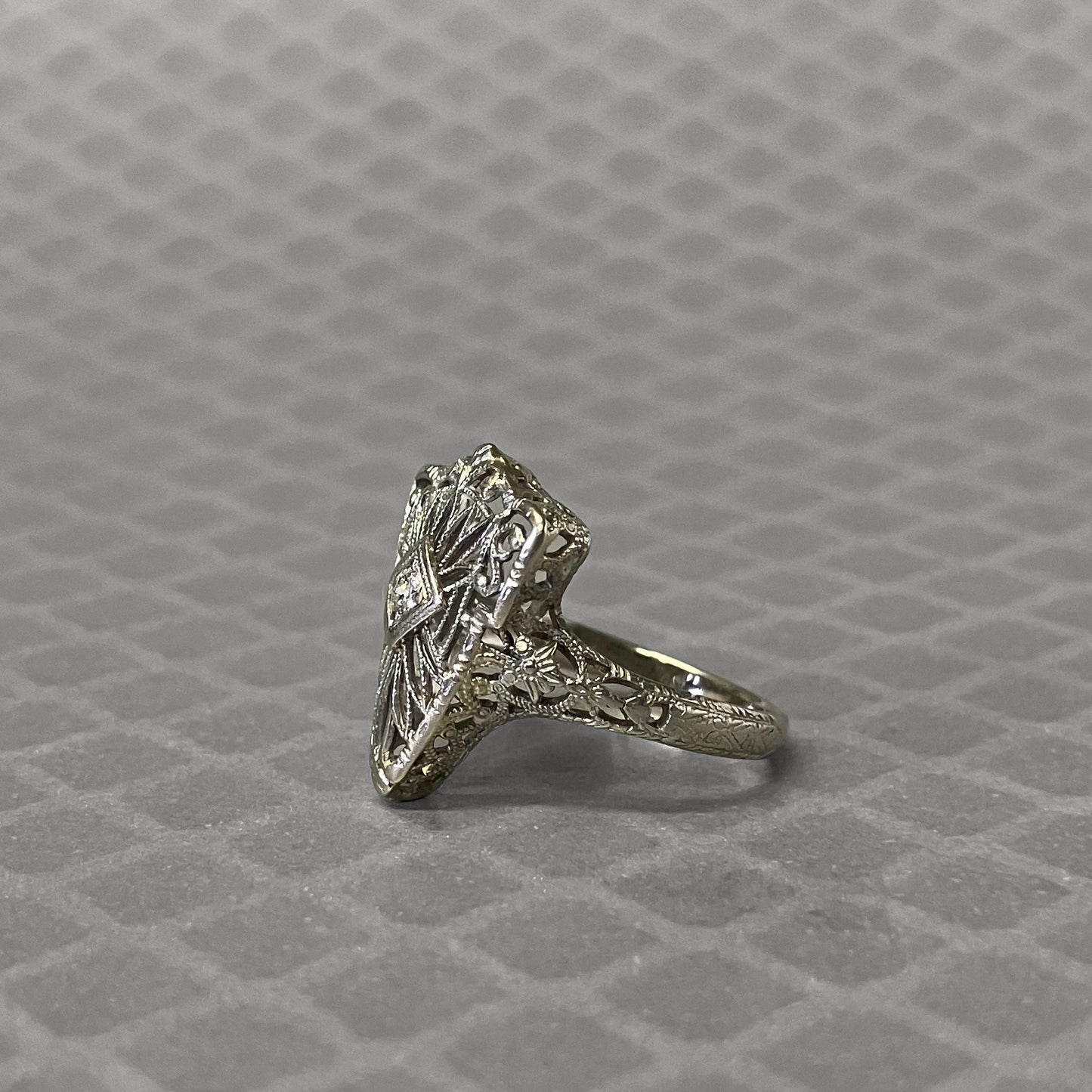 Preowned White Gold and Diamond Filigree Shield Ring