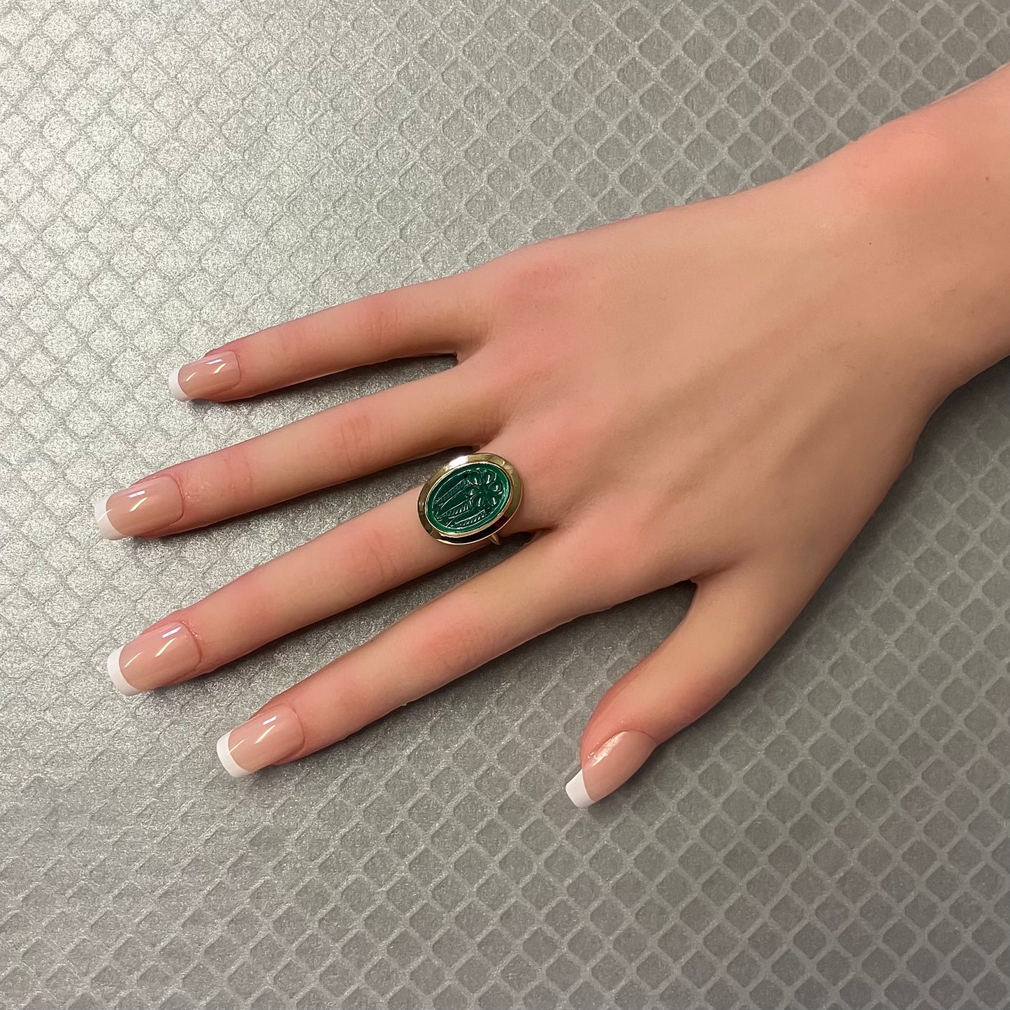 Preowned Yellow Gold and Green Chalcedony Carved Floral Ring