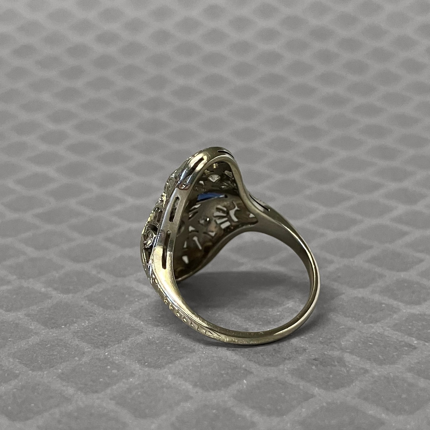 Preowned White Gold Synthetic Sapphire and Diamond Filigree Ring