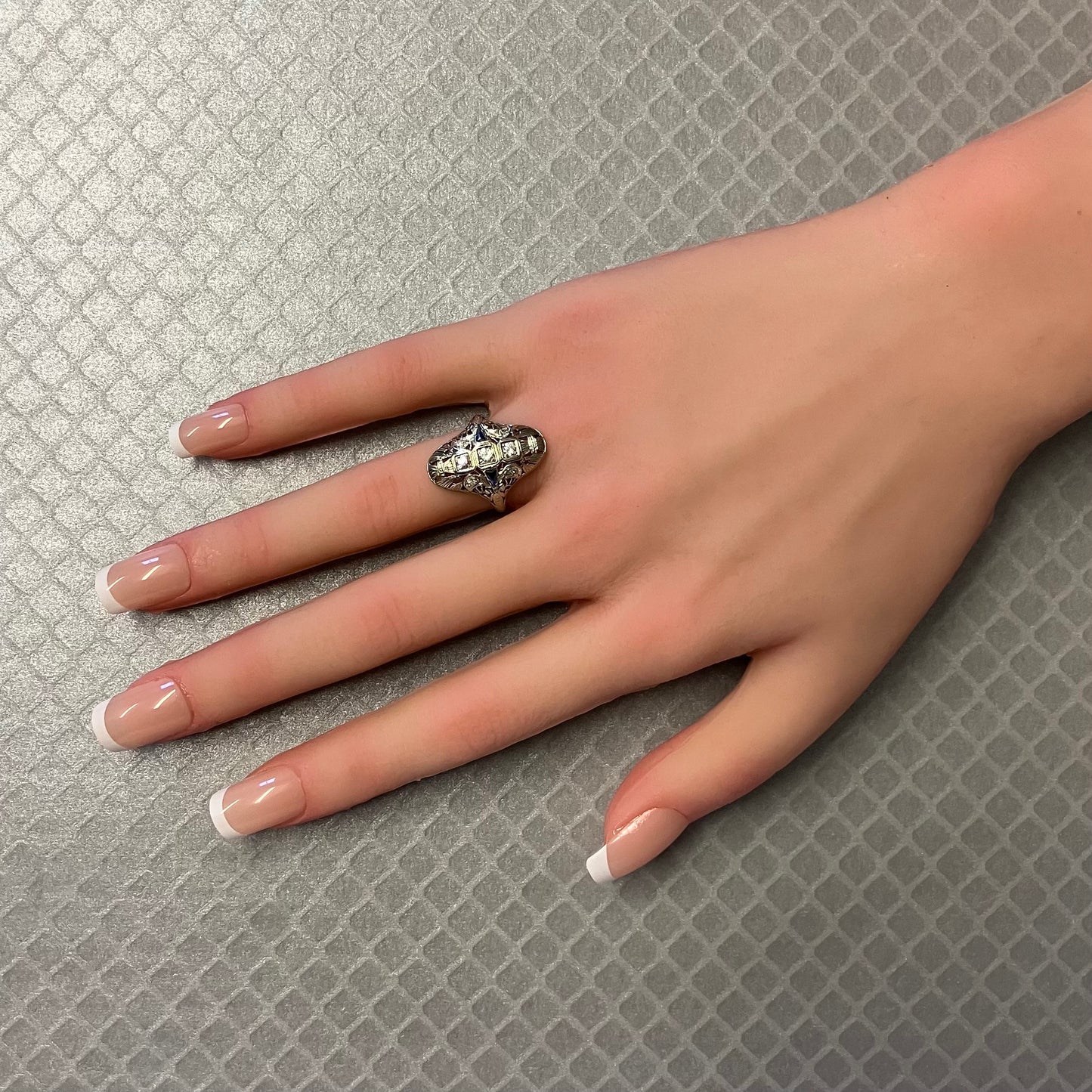 Preowned White Gold Synthetic Sapphire and Diamond Filigree Ring