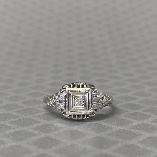 Preowned White Gold and Diamond Filigree Art Deco Ring