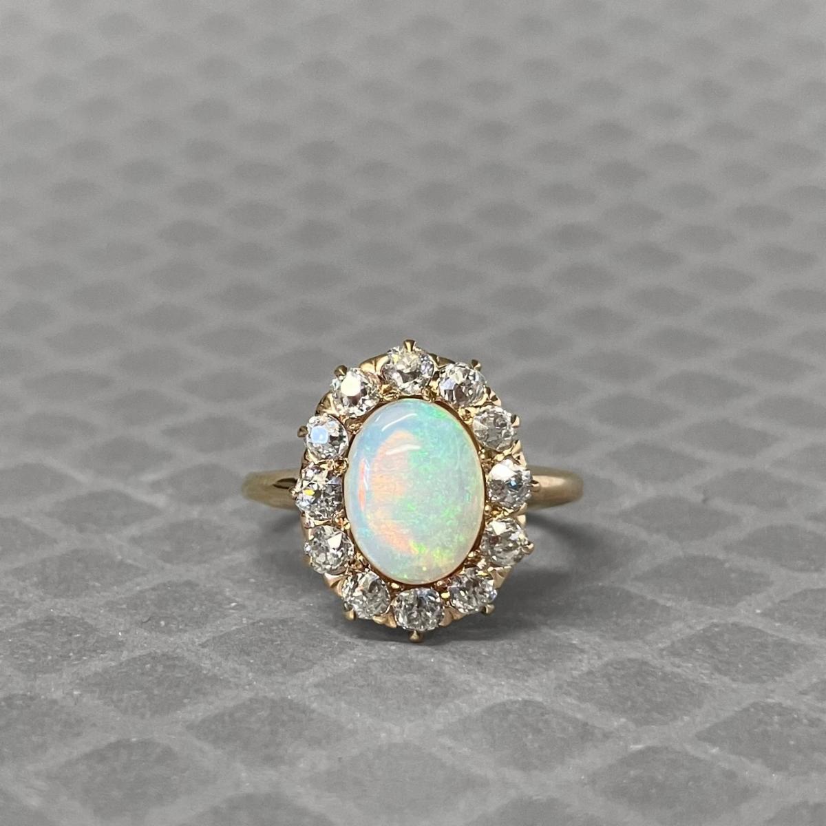 Preowned Yellow Gold Opal and Old European Cut Diamond Ring