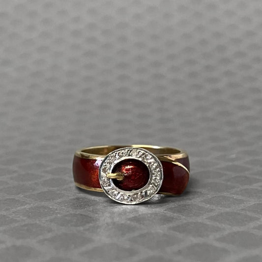 Preowned Yellow Gold Red Enamel and Diamond Buckle Ring